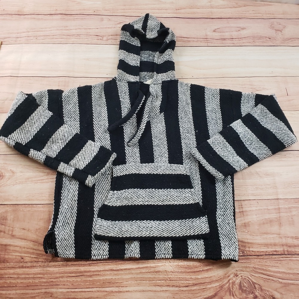 Drug Rug Baja Sweater Womens‎ Large Black Mexican Poncho Sweatshirt Hoodie Surf